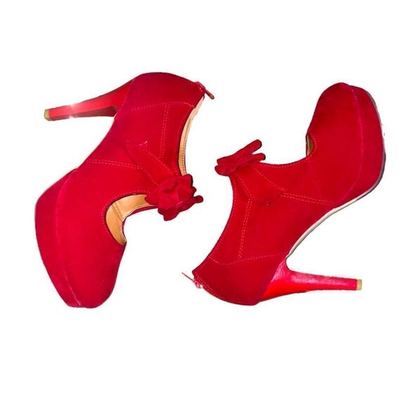 Vintage Suede Pinup Couture Platform Heels Rounded Toe Velvet Bow Red Pin Up - Picture 1 of 9